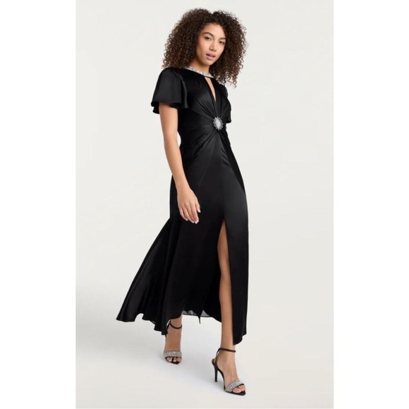 Cinq a Sept Sharma Midi Dress Silk Satin Twist Front Embellished Black - Picture 11 of 11